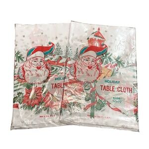 2 Vtg Christmas Paper Tablecloth 54 x 72 Horse Sleigh Poinsettia Holly‎ Tree Box